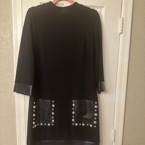 Joseph Ribkoff Black Midi Dress with Faux Leather & Silver Grommets Details